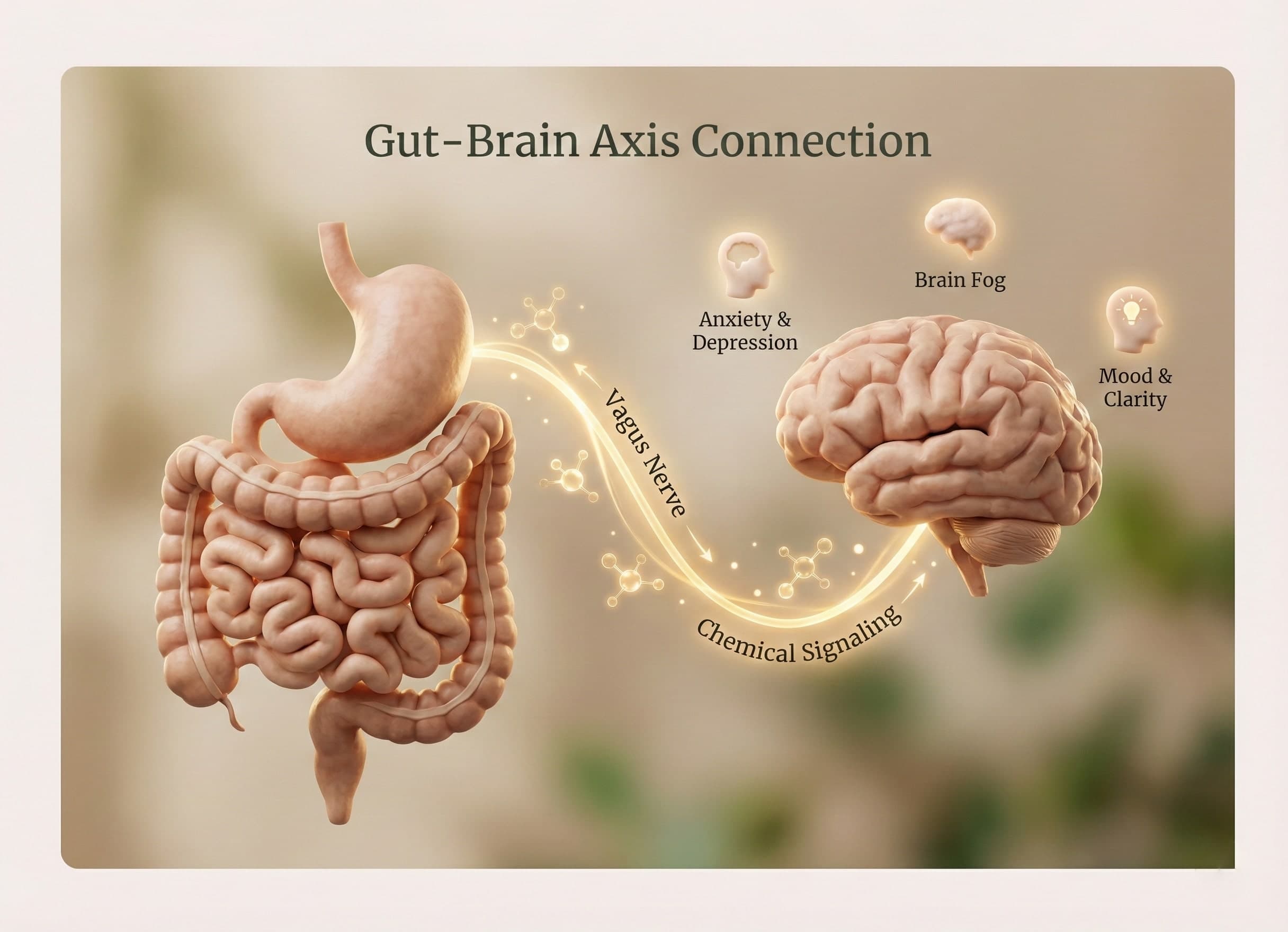 Diagram of the Gut-Brain Axis illustrating the Vagus Nerve connection between the digestive system and the brain. Visualises how the microbiome sends signals that impact mood, anxiety, and mental clarity.